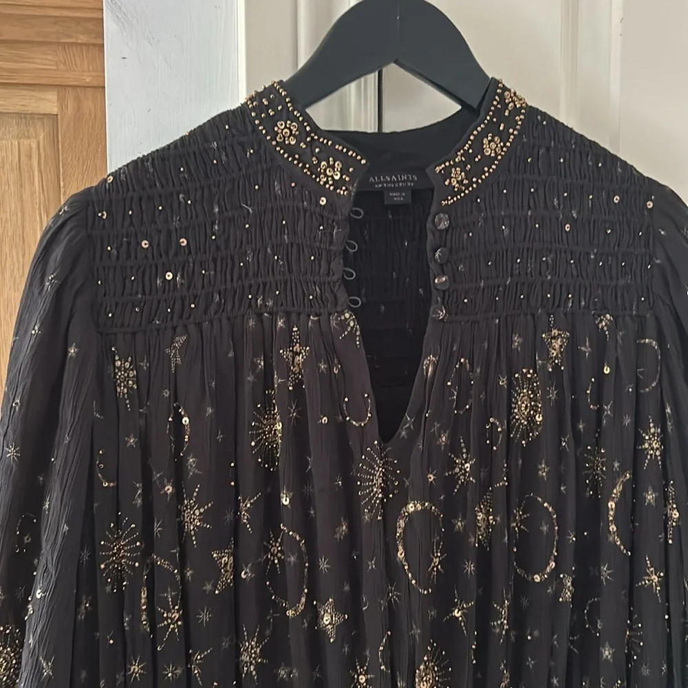 All Saints Black and Gold Smocked A-Line Dress - Picture 5 of 15